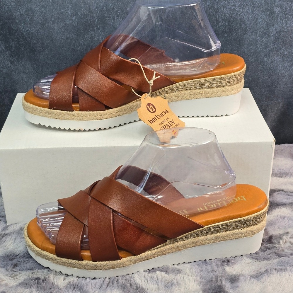 NWT Bertuchi Made in Spain Sandals Brown Leather Espadrille Jute Sole Womens 9.5